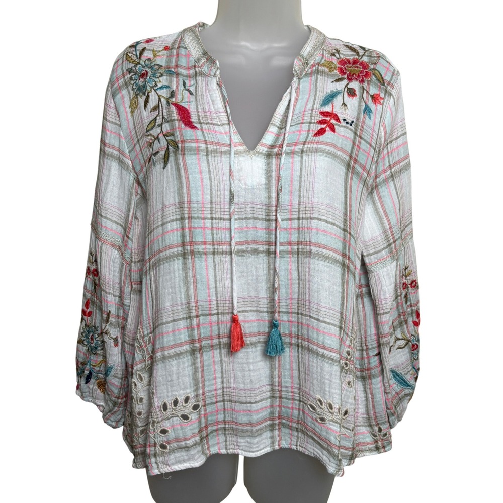 Johnny Was Workshop Multicolor Floral Plaid Tassel Neck Tie Blouse Top Womens XS